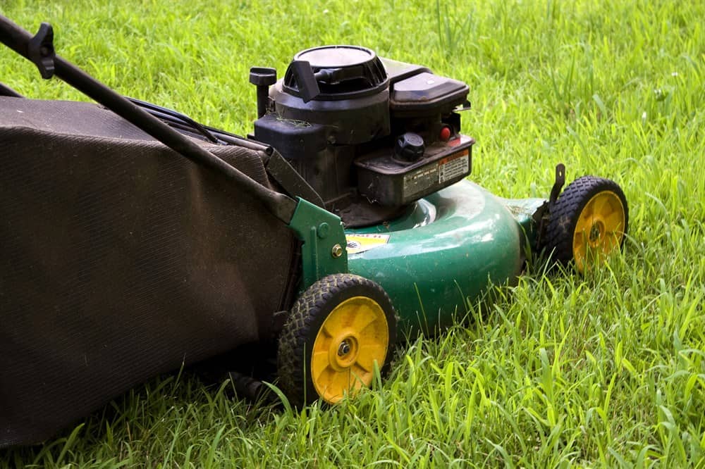 A clean grass bag on a lawn mower